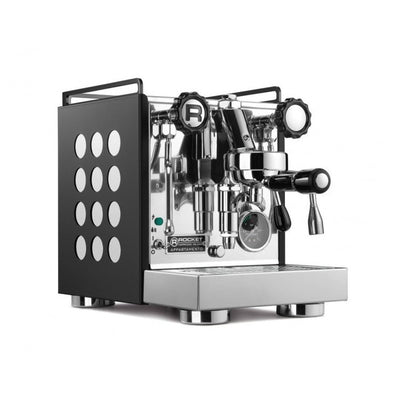 Side image of black and chrome Rocket Espresso Appartamento Espresso Machine with black handles