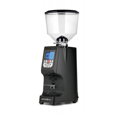 Black Eureka Atom 65mm espresso grinder with digital screen