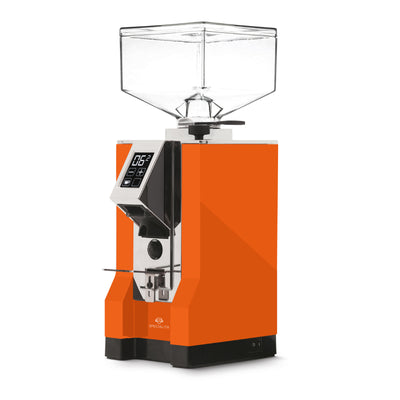Orange and chrome Eureka Mignon specialita espresso grinder with clear bean hopper