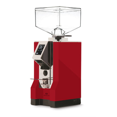 Red and chrome Eureka Mignon specialita espresso grinder with clear bean hopper