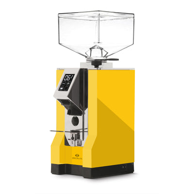 Yellow and chrome Eureka Mignon specialita espresso grinder with clear bean hopper
