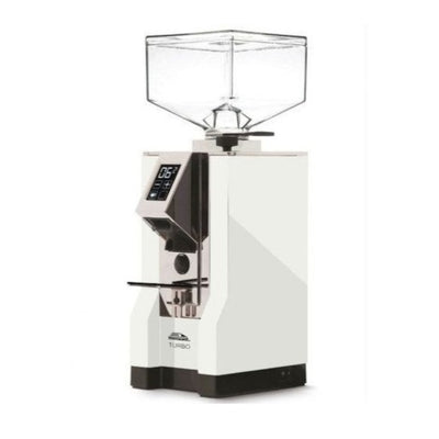White and Chrome Eureka Mignon Turbo 65MM Burr Espresso Grinder with clear hopper