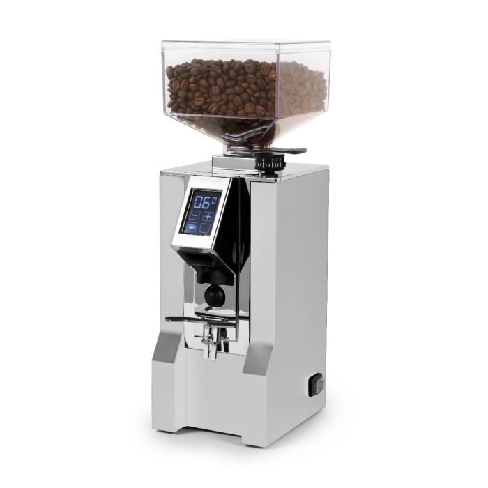 White and Chrome Eureka Oro Mignon XL Espresso grinder with beans in the hopper