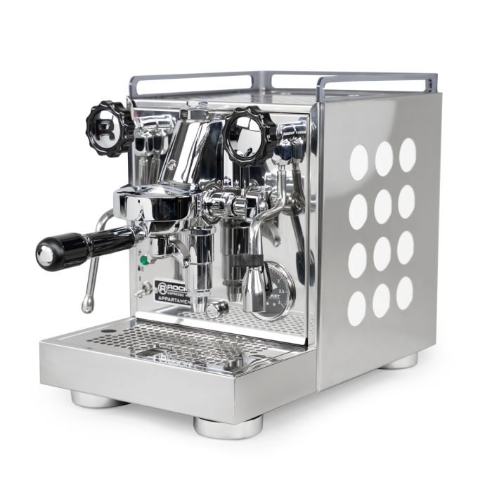 Side image of chrome Rocket Espresso Appartamento Espresso Machine with black handles and twelve white dots