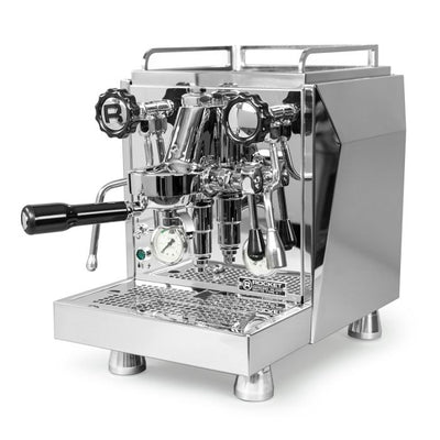 Chrome Rocket Espresso Giotto Timer Type V Espresso Machine with black handles and knobs