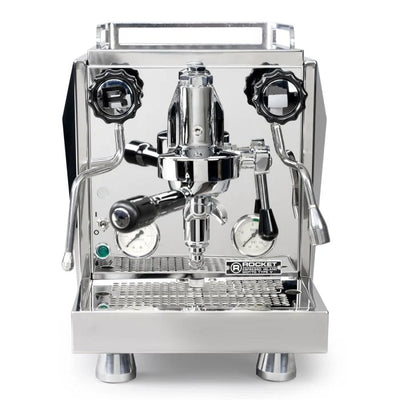 Front image of a Chrome Rocket Espresso Giotto Timer Type V Espresso Machine with black handles and knobs