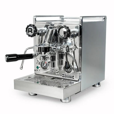 Chrome Rocket Espresso Mozzafiato Timer Evoluzione R Espresso Machine with black handles and knobs