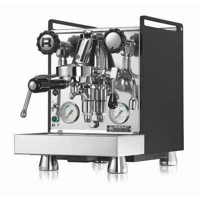 Black and Chrome Rocket Espresso Mozzafiato Timer Type V Espresso Machine with black handles and knobs