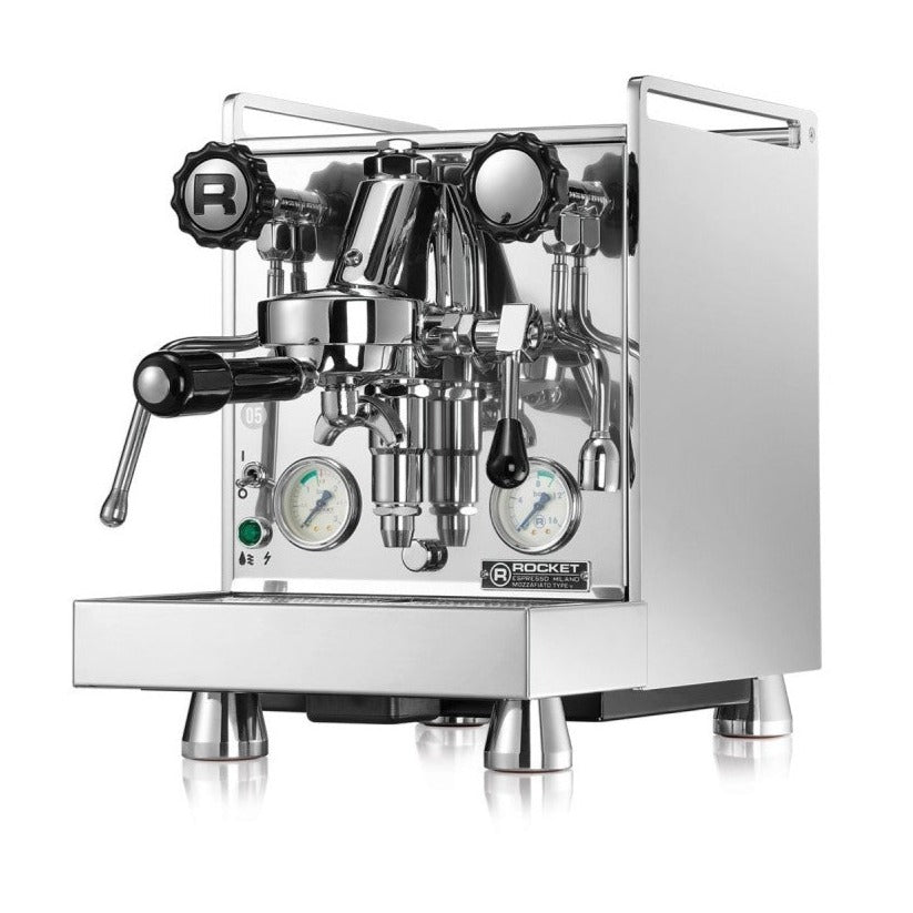 Chrome Rocket Espresso Mozzafiato Timer Type V Espresso Machine with black handles and knobs