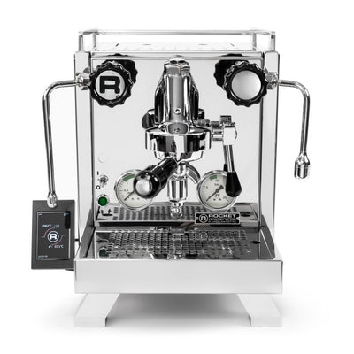 Chrome Rocket Espresso R58 Cinquantotto Espresso Machine with black handles and knobs