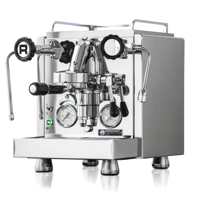 Chrome Rocket Espresso R60V Espresso Machine with black handles and knobs