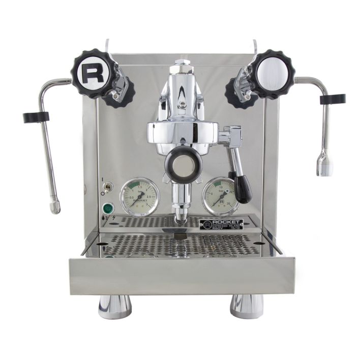 Chrome Rocket Espresso R60V Espresso Machine with black handles and knobs