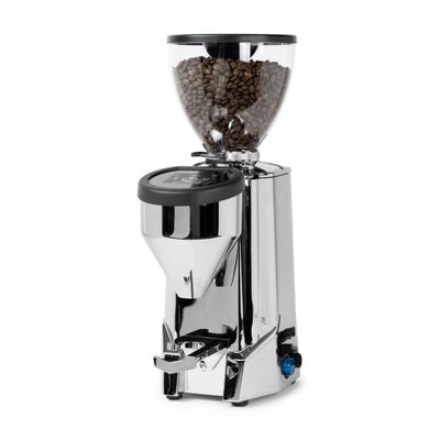 Side image of a Chrome Rocket Espresso Fausto Touch Grinder with beans in the hopper
