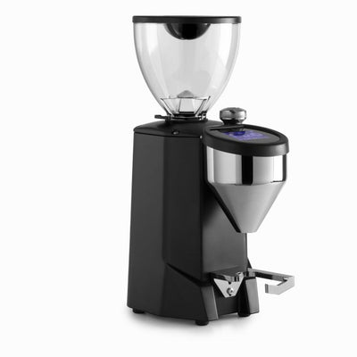 Side image of a black Rocket Espresso Fausto Touch Grinder with a clear hopper