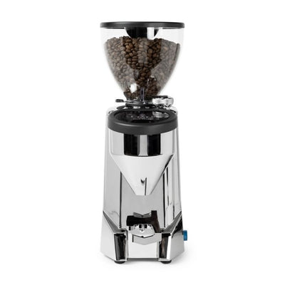 Chrome Rocket Espresso Fausto Touch Grinder with beans in the hopper