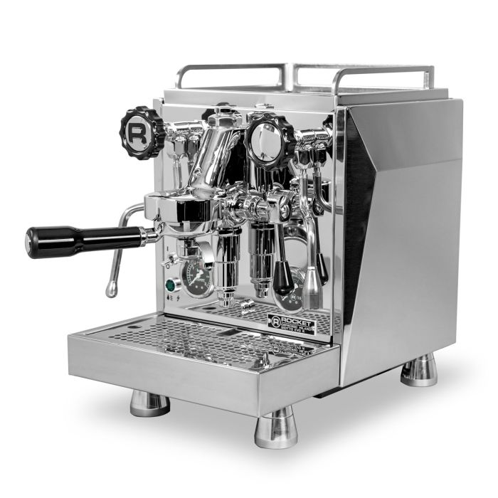 Chrome Rocket Espresso Giotto Timer Evoluzione R Espresso Machine with black handles