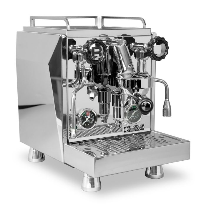Side image of a Chrome Rocket Espresso Giotto Timer Evoluzione R Espresso Machine with black handles and knobs
