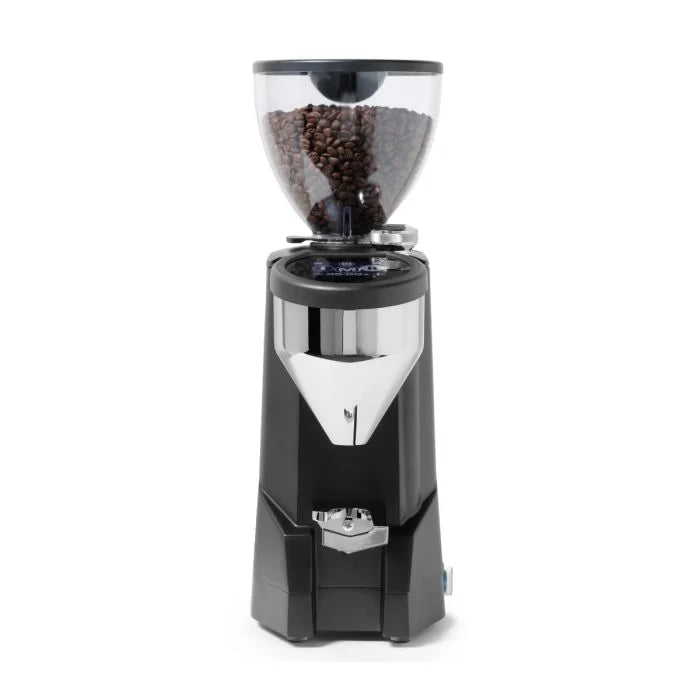 Black and chrome Rocket Espresso Super Fausto Grinder with beans in the hopper
