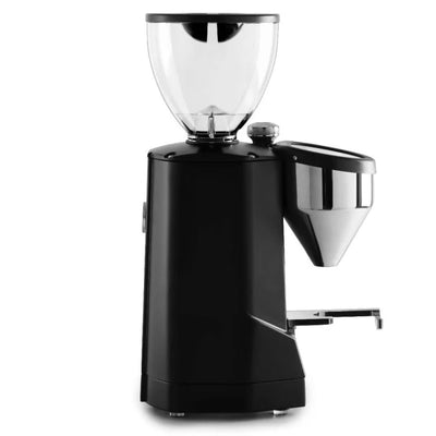 Side view of Black and chrome Rocket Espresso Super Fausto Grinder with beans in the hopper